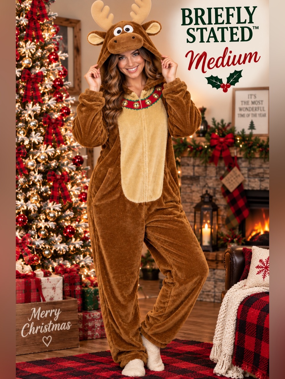 Briefly Stated Moose Reindeer Plush Christmas Pajama Jumpsuit M